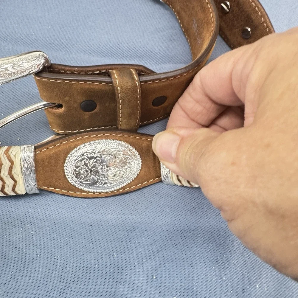 Tony Lama Western Belt Mens 42 Brown Leather Concho Rawhide Whipstitch Rodeo